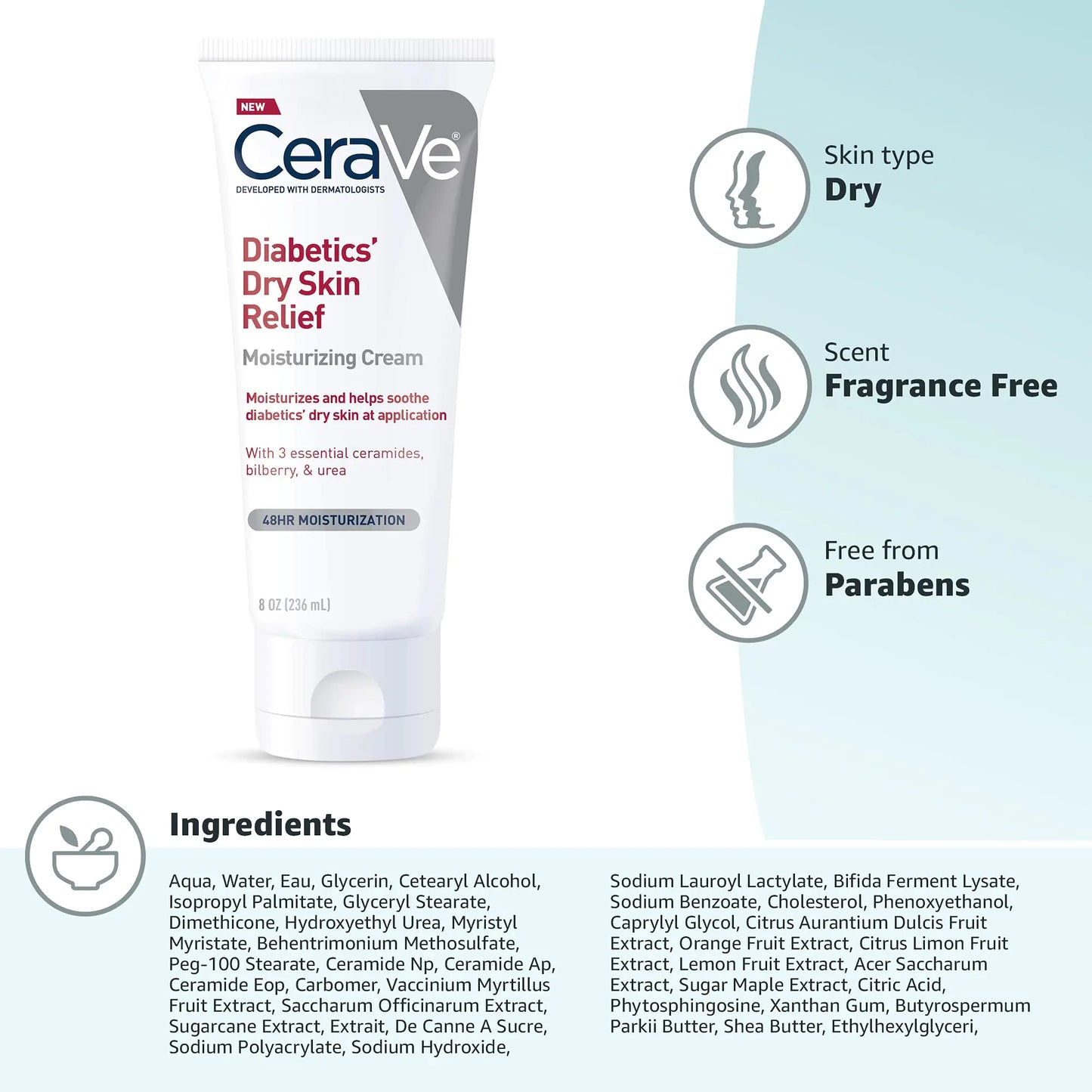 CeraVe Moisturizing Cream for Diabetics’ Dry Skin | Urea Cream with Bilberry for Face and Body | Fragrance Free & Paraben Free | 8 Ounce