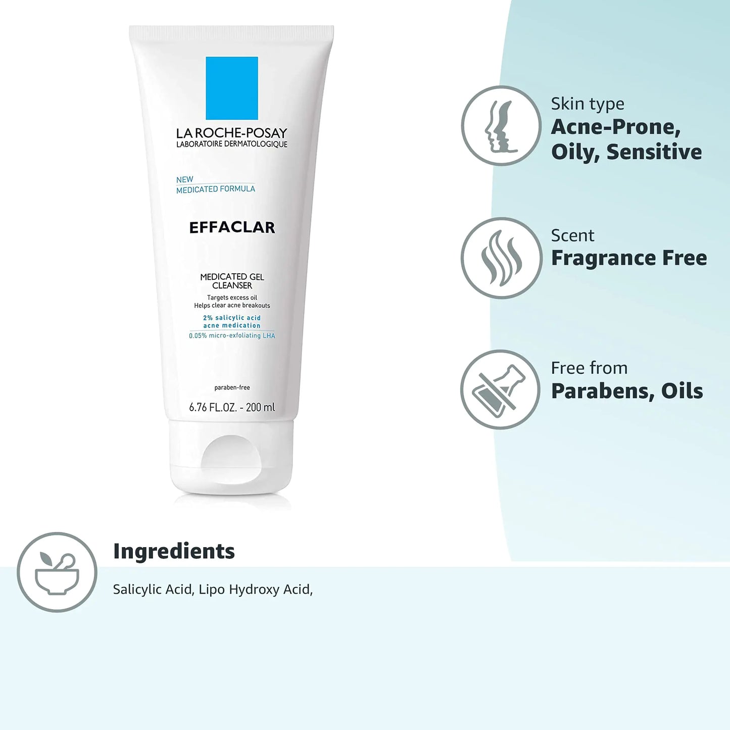 La Roche-Posay Effaclar Medicated Gel Cleanser | 2% Salicylic Acid Cleanser + LHA + Glycerin | Foaming Acne Face Wash